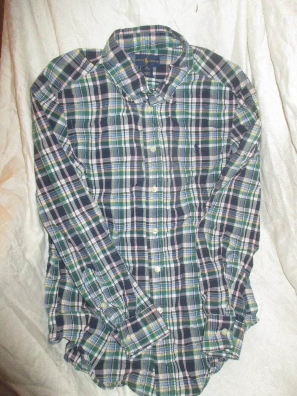 Ralph Lauren Boys 10-12 Cotton Blue/Green Plaid Button-Down Long Sleeve Shirt